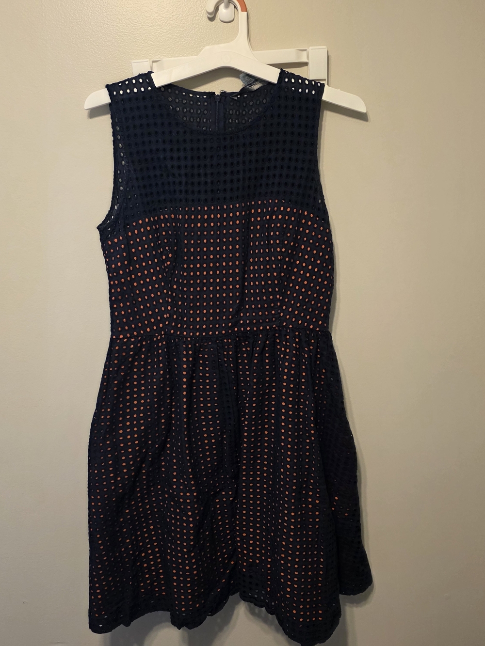 French Connection Navy Eyelet Dress with Coral Underlay